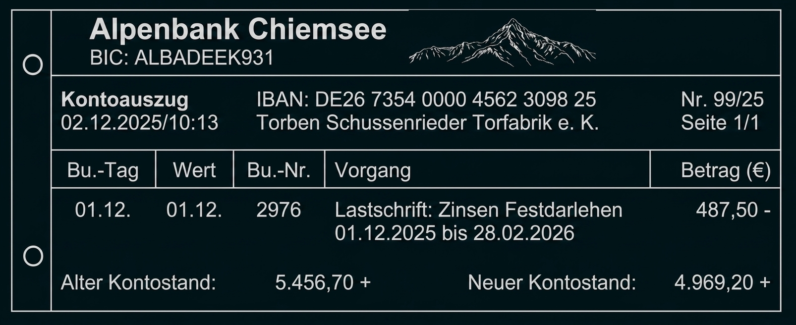 Kontoauszug einer Bank mit Buchung und Kontostand.